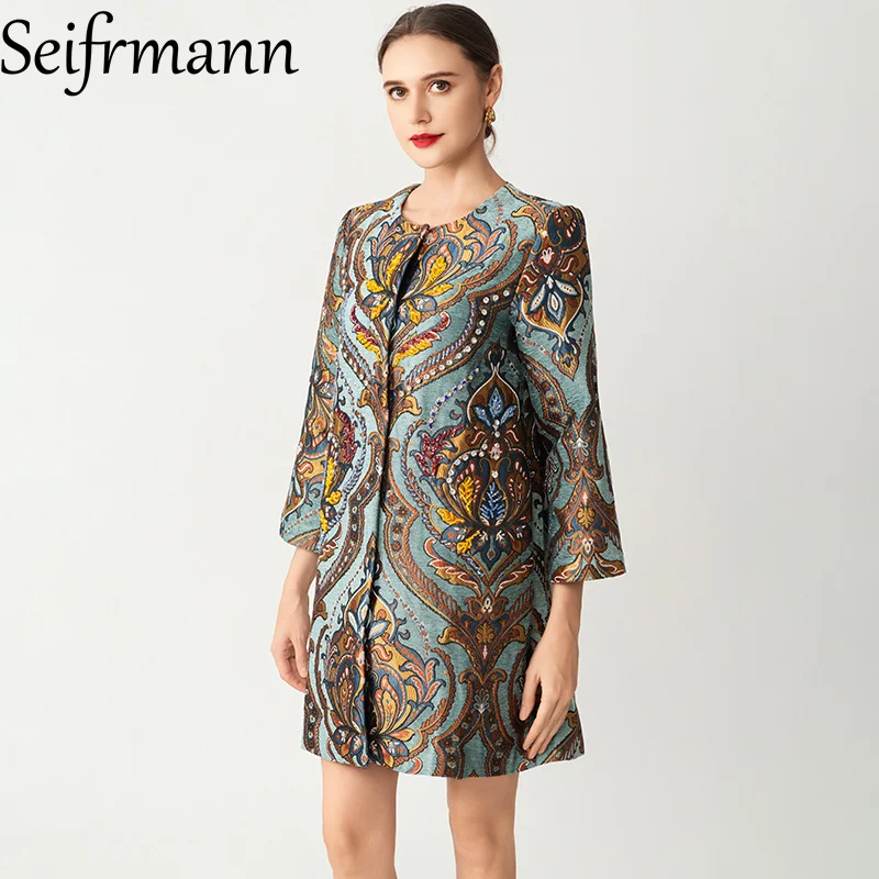 Seifrmann 2026 Autumn Fashion Women's New Style Round Neck Long Sleeve Windbreaker Spliced ​​Beaded Jacquard Windbreaker
