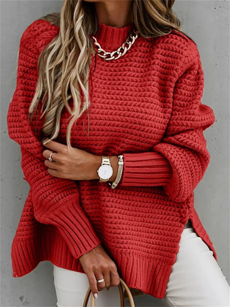 Vintage Knitted Sweater Women Winter Oversized Half High Neck Knit Pullover Female Loose Solid Jumper Lady Retro Casual Knitwear