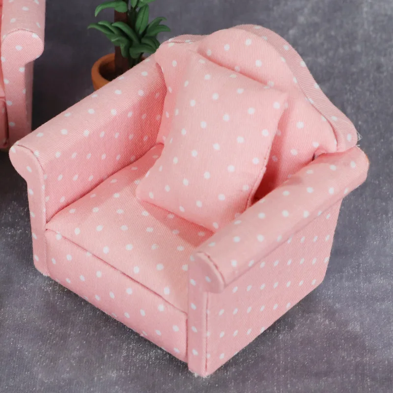 1:12 Dollhouse Miniature Furniture - Living Room Pink Polka Dot Sofa 3-Piece Set with Cushions
