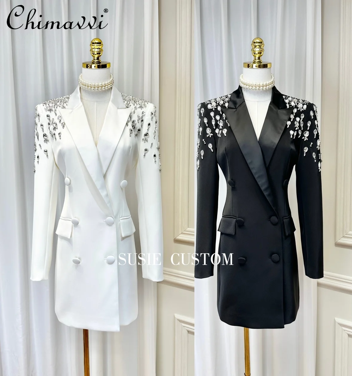 

High-End Luxury Heavy Industry Gradient Rhinestone Beaded Satin Lapel Blazer Fashion Padded Shoulder V-neck Double Breasted Suit