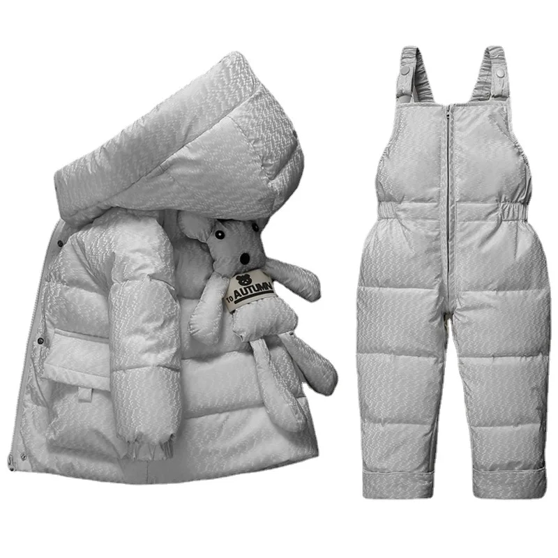 RAISE Korea Winter Baby Girl 2PCS Clothes Set 3D Bear Hooded Toddler Girl Down Jacket Infant Solid Velvet Overalls 1-3Y Snowsuit