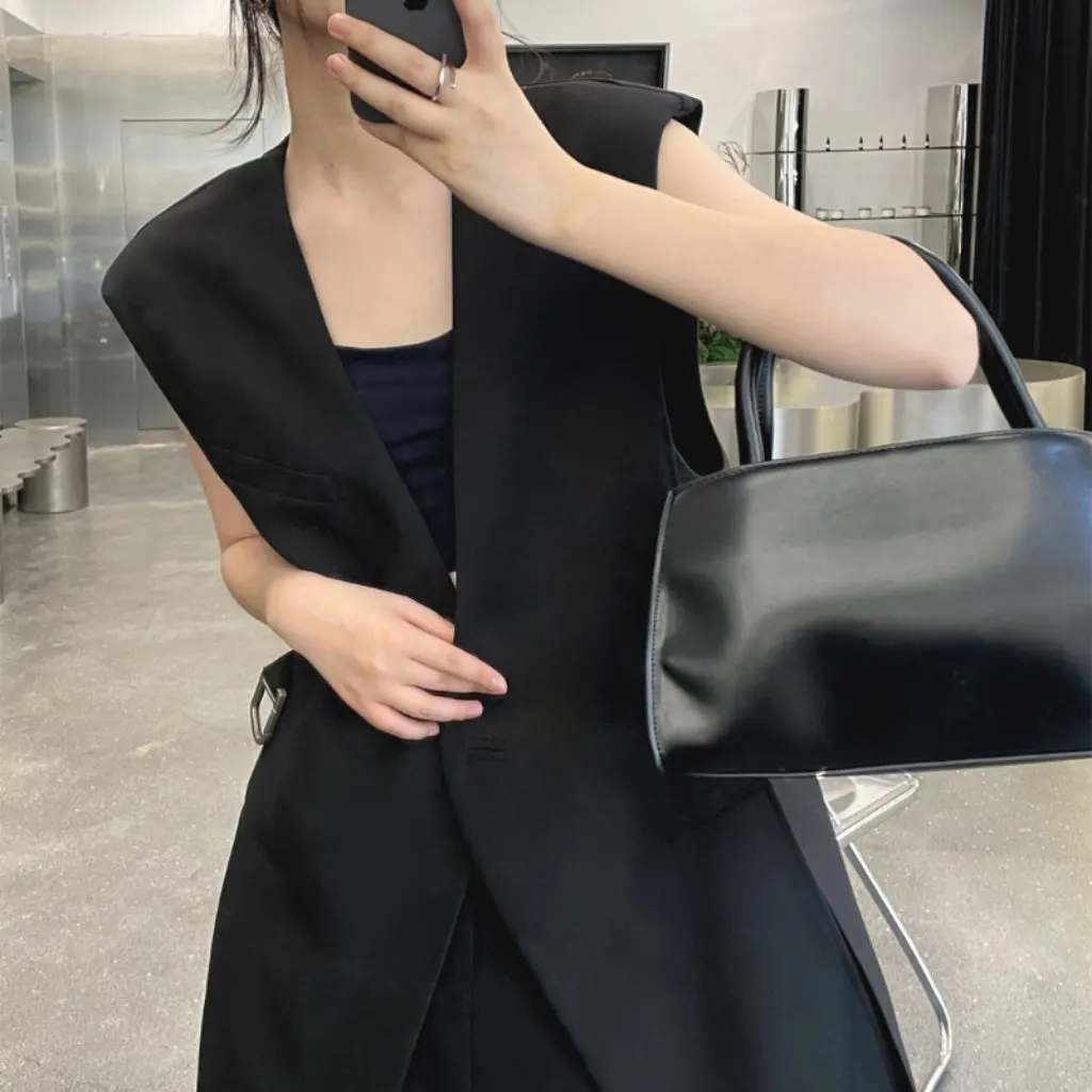 

2024 Women's Korean Style Collarless Waistoutwear Suit Vest Summer Design Loose Mid-Length Sleeveless Jacket