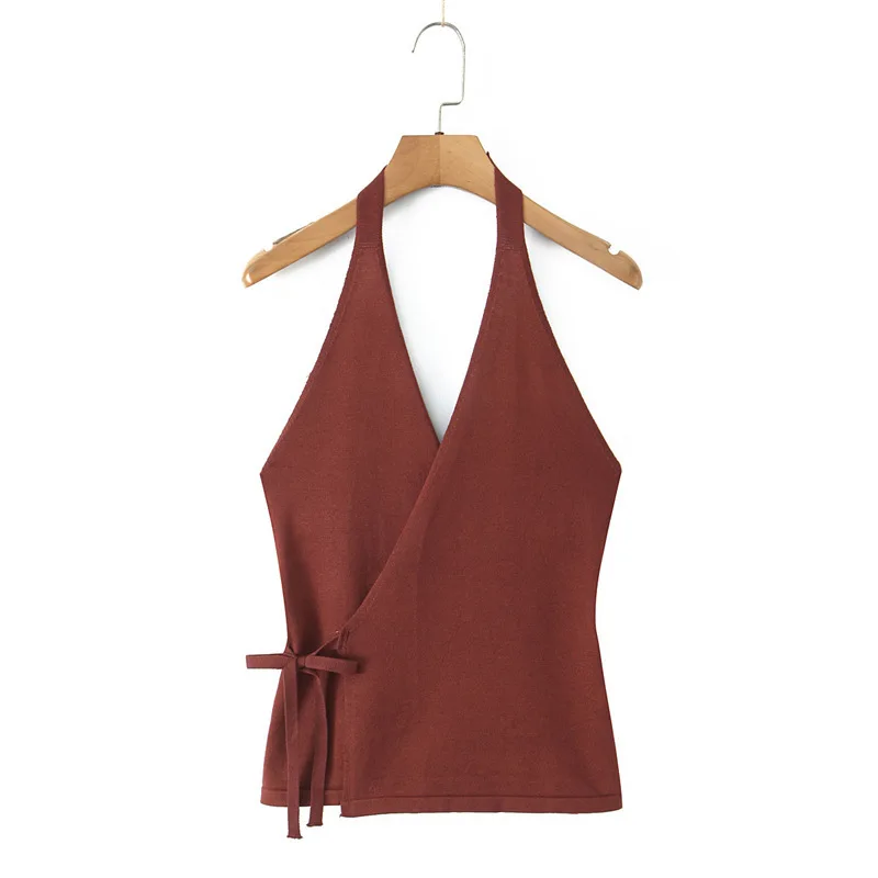

Sexy Knitted Vest Women's Autumn New Style Versatile Coffee Color Hanging Neck Top For Business And Casual Wear