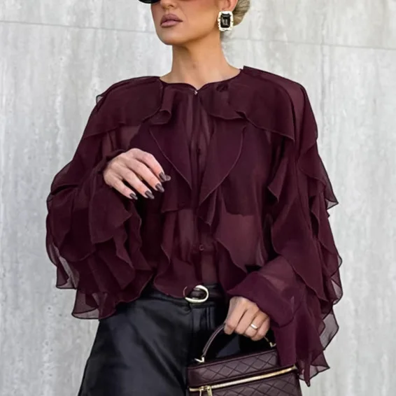 

New 2026 Spring and Autumn Light Luxury Premium French style Small Shirt Stacked Ruffle Chiffon Top for Women