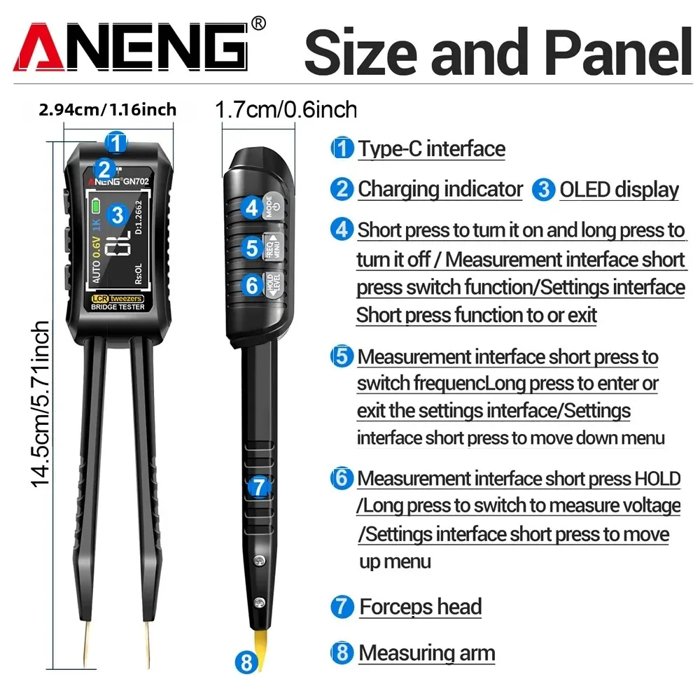 ANENG GN702 Digital LCRTweezer Meter SMD ESR Tester Capacitance Resistance Diode TestTool Type-C Smart Forceps Bridge Multimeter