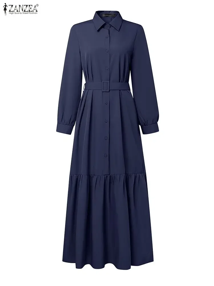 ZANZEA 2025 Eleganckie sukienki biurowe z długim rękawem dla kobiet, długa sukienka maxi na jesień, jednolita, z paskiem, elegancka sukienka z falbanką na dole, sukienki do pracy