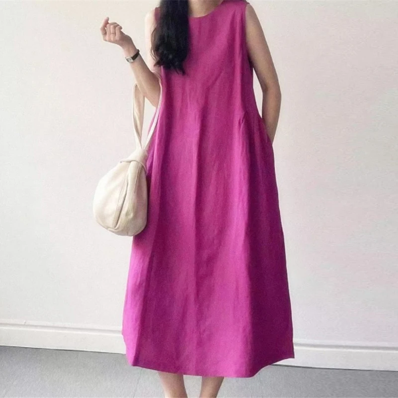 

Women's Cotton Linen Dress Solid Color Sleeveless Round Neck Casual Loose Comfortable With Pockets Korean Style Long Skirt
