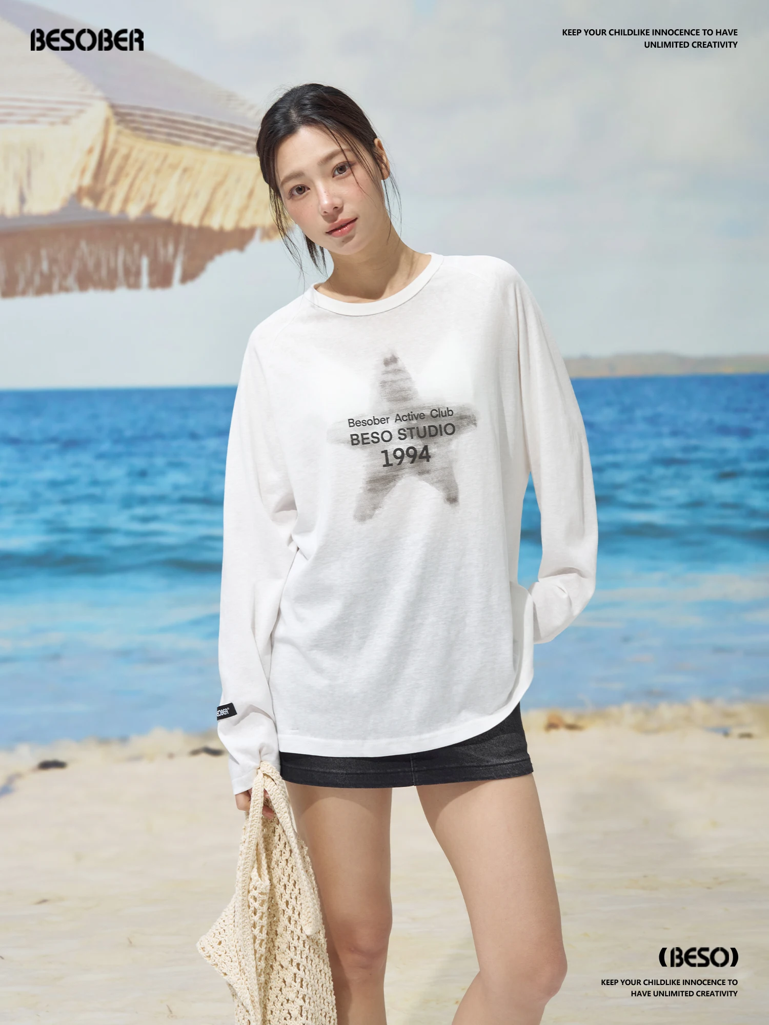 

BESOBER Original Water-Media Star Print Loose Fit Long Sve UV Protection Transparent T-irt Women's Casual Summer Top