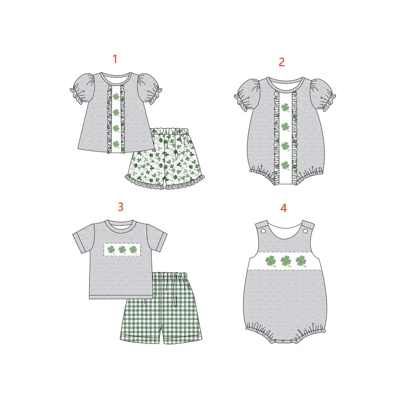 

Boutique kids St. Patrick's clothing clover screen print girl outfits boys St. Patrick's shorts sets match baby bubble