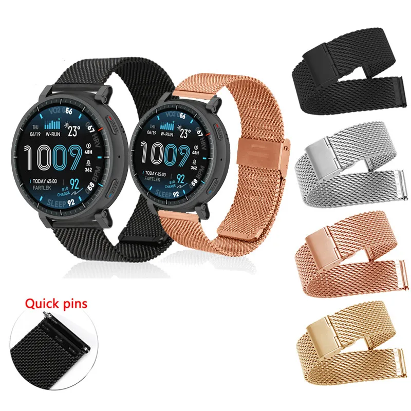 Pulseira de Aço Inoxidável Milanesa para Huami Amazfit GTR Mini GTR3 GTR4 Pro 42mm 47mm Bip5 GTR2 GTR2E 2 3 4 Acessórios para Smartwatch