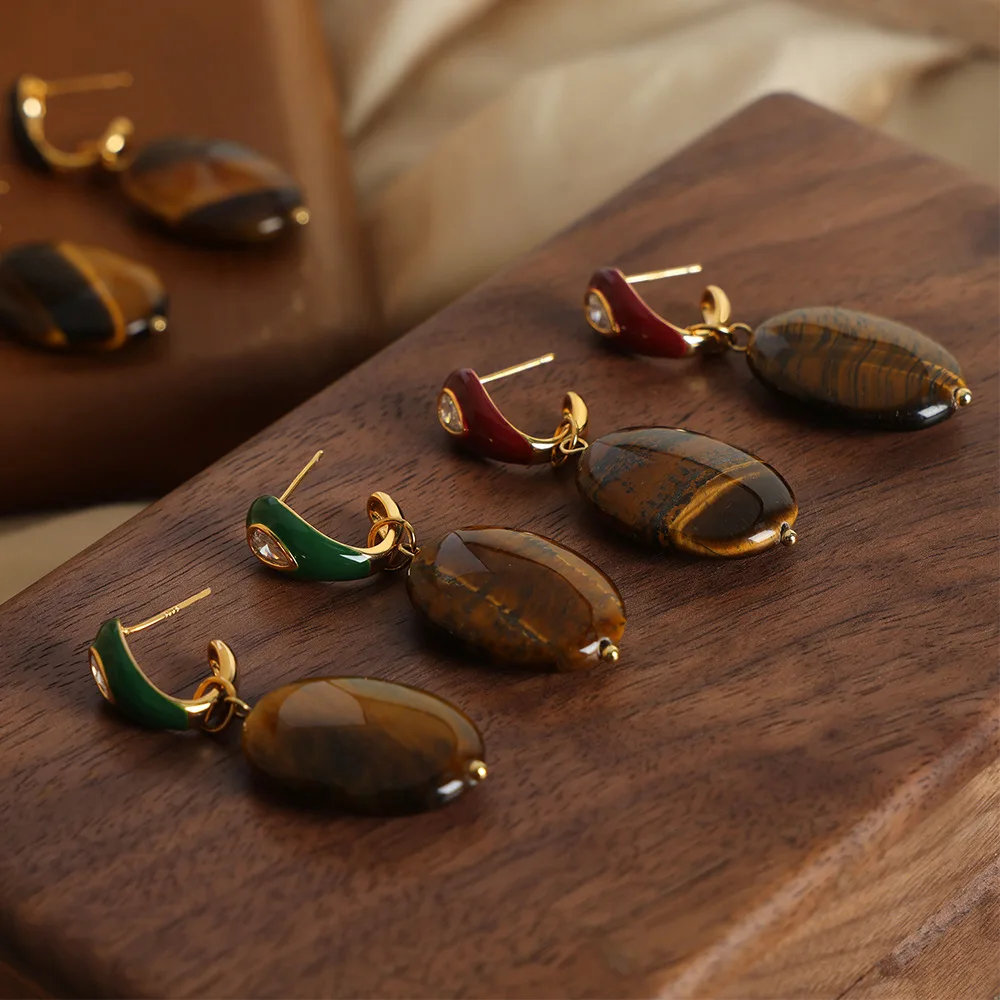 Multi Color Enamel Stainless Steel Dangle Earrings With Oval Natural Tiger Eye Stone Charm Stud Earring Ear Studs For Women