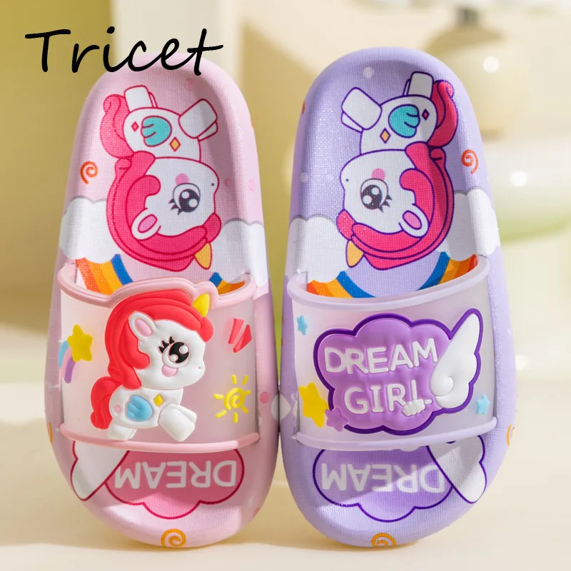 2024 Unicorn Girls Summer Shoes Cartoon Soft  Barefoot Beach Shoes For Kids PVC Anti Slip Soft Flats Home Children Slippers