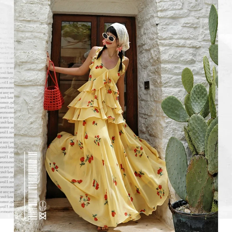 

TIYIHAILEY Dresses Sleeveless Women Summer Ladies Clothing New Summer Fashion 2025 Layer Ruffles Yellow Strap S-L