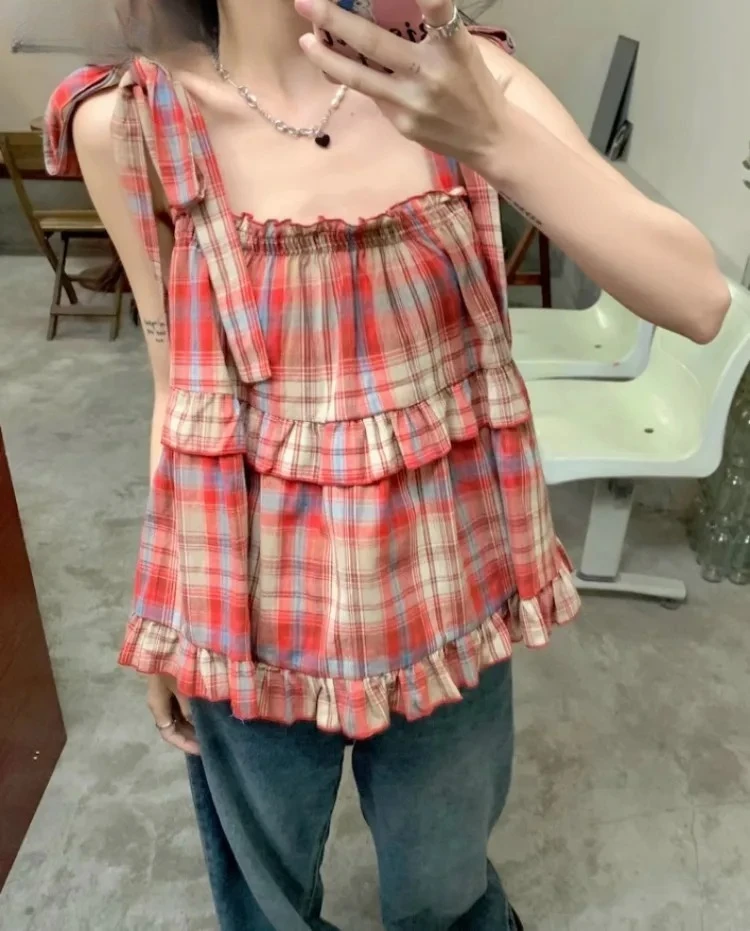 

Vintage Square Collar Sweet Plaid Tanks Women Summer Casual Bow Bandage Tank Tops Japanese Kawaii Fairy Camisoles Y2k Aesthetic