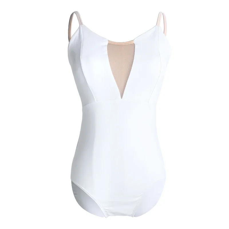 ثدي جمباز نسائي باليه ، قميص قصير أبيض ، بدلة جسم مثيرة برقبة ، ملابس سباحة للبالغين