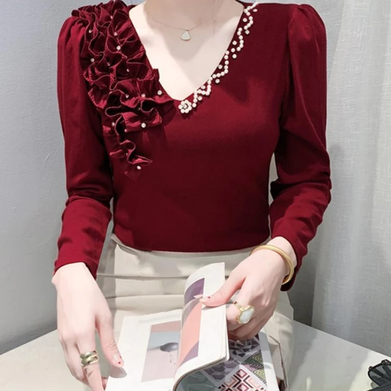 

Стильная черная женская футболка с v-образным вырезом и бисером для ногтей с длинными рукавами, облегающая и утягивающая базовая рубашка, топ