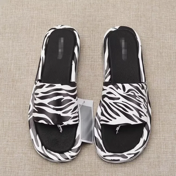 Large Size Fashionable Zebra Pattern Thick Bottom Slip-On Comfortable Genuine Leather Sheepskin Pad Slippers for Women