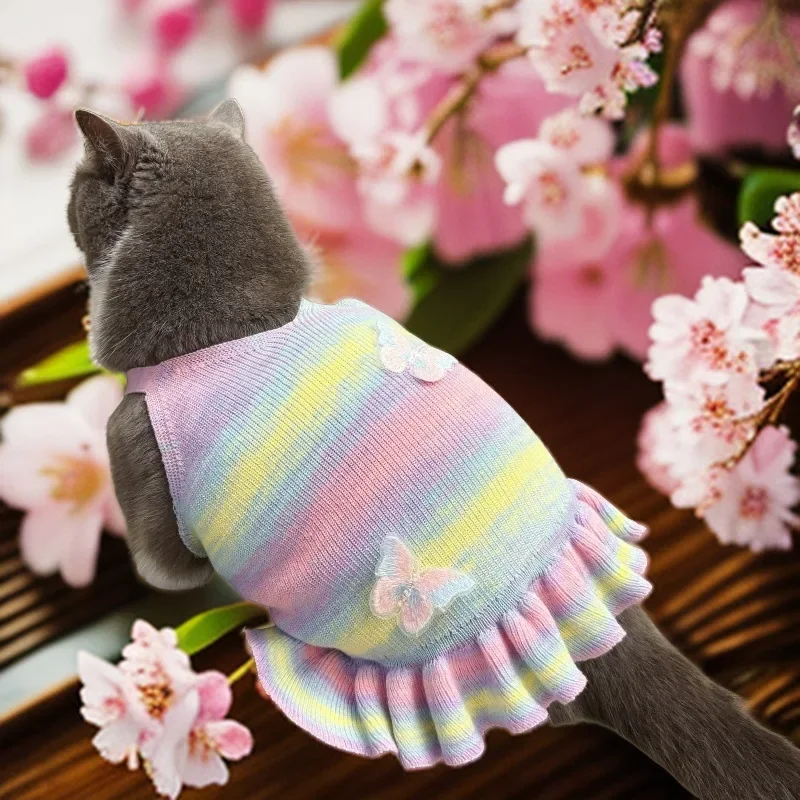 Cat Spring Summer Gradient Yarn Knitted Butterfly Strap Dog Small Teddy Bobei Bear Thin Breathable Clothes