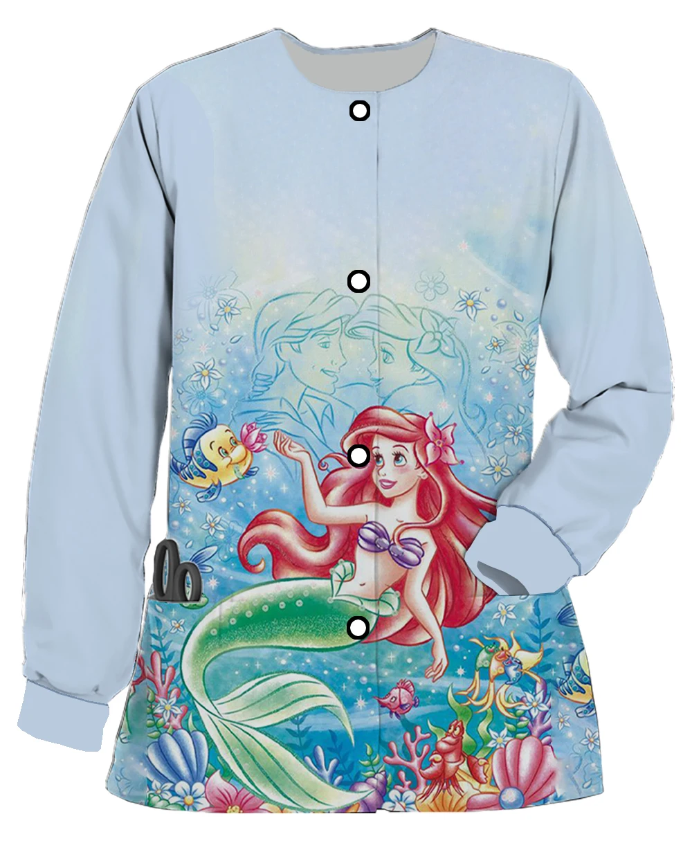 فستان نسائي جديد طويل الأكمام جراحي ديزني ارييل الأميرة حورية البحر طباعة جيب مزدوج سترة فضفاضة طبيب الأسنان ملابس العمل