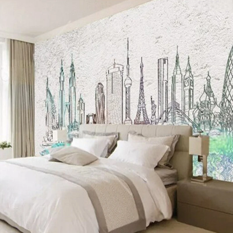 Modern watercolor city silhouettes ink-wash decoration commercial wall customization luxury home bedroom background wall