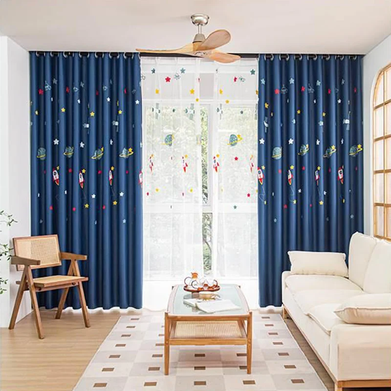 Modern Cute Cartoon Cosmic Space Blue Blackout Curtains for Kids Room, Soundproof/Noise Reducing Curtains, Machine Washable