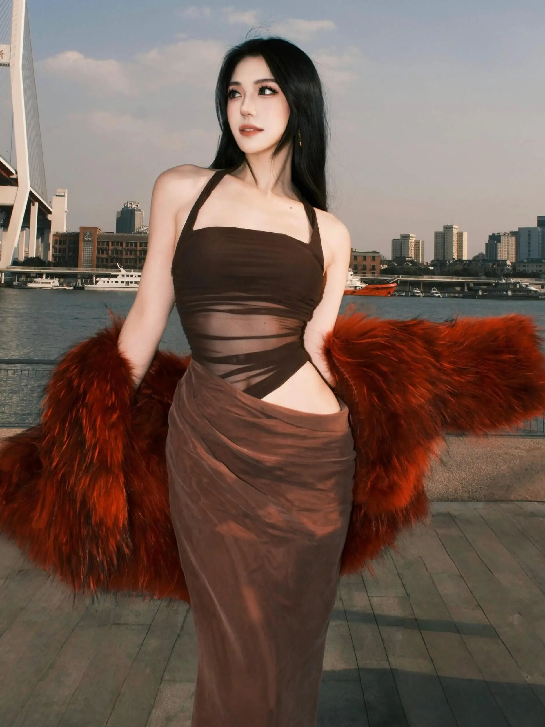 

Sexy Irregular Mid Dress Hanging Neck Mesh Sheer Waisted Asymmetrical Mermaid Stain Dress Summer Vacation Party Solid Clothing