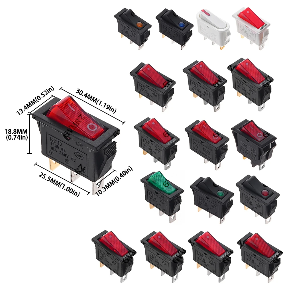 1PCS 16A 250V / 20A 125V AC KCD3 Rocker Switch ON-OFF-ON 2 Position 3Pins Electrical equipment With Light Power Switch ON-OFF