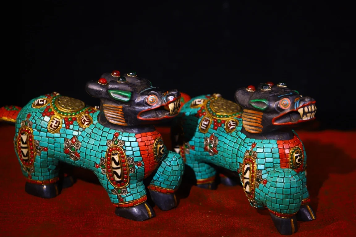 

9"Old Xizang Folk Collectio Old Natural Meteorite Mosaic Gem gZi Beads Turquoise Chinese Loong Dragon Statue Amulet Town house