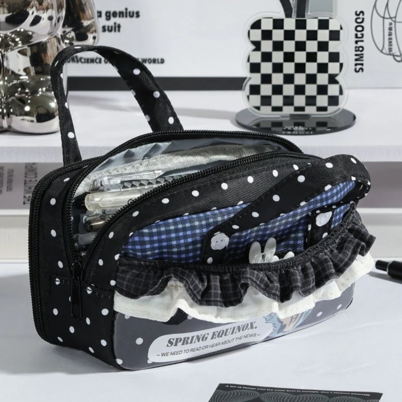 Korean Ruffled Plaid Polka Dot Makeup Bag Portable Handheld Pencil Case Large Capacity Student Stationery Storage Bag