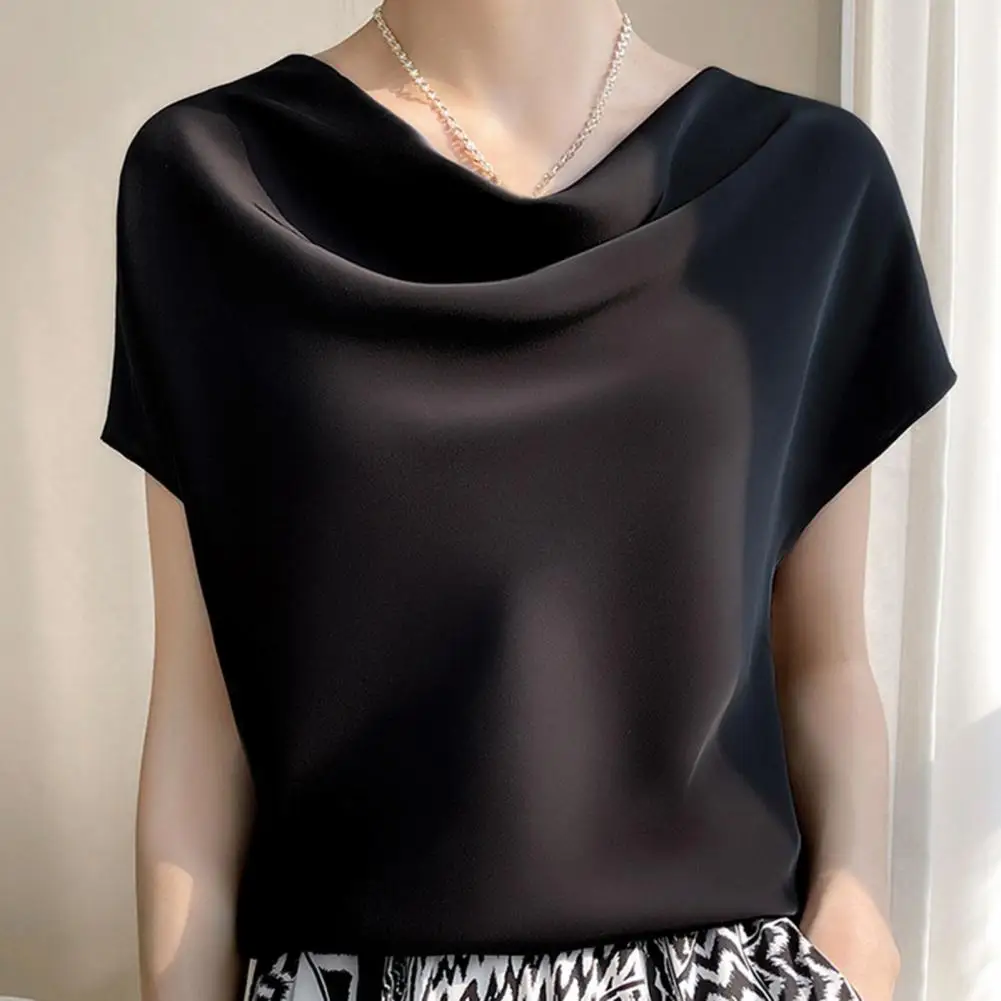 L-4XL Solid Silk Thin Short Sleeve Tees Slip Woman Summer Clothes Elegant Black Brown Tops Solid Loose Casual Korean Style