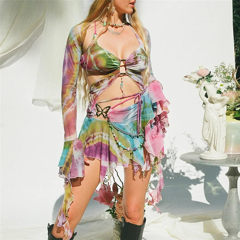 Women Mesh Butterfly 3 Piece Set Bandage Camis+Irregular Skirt+Flares Sleeve Crop Top Tie Dye Rave Party Outfits Summer Suit