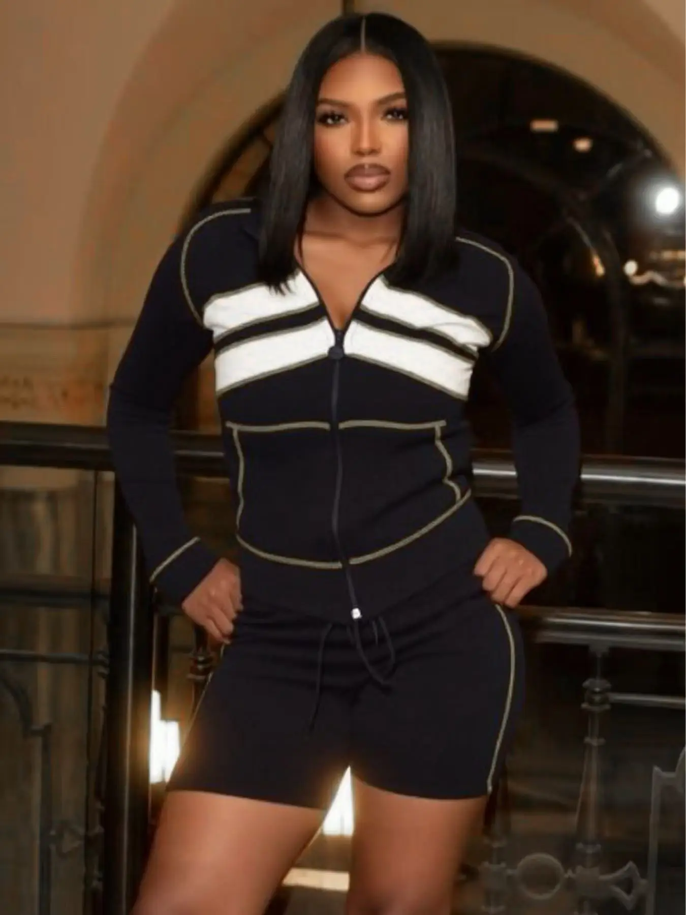 

Whatiwear Contrast Stripes 2-Piece Set Women Tracksuit Zip Crop Jacket+Casual Elastic Waist Shorts Casual Sporty Style Outfits
