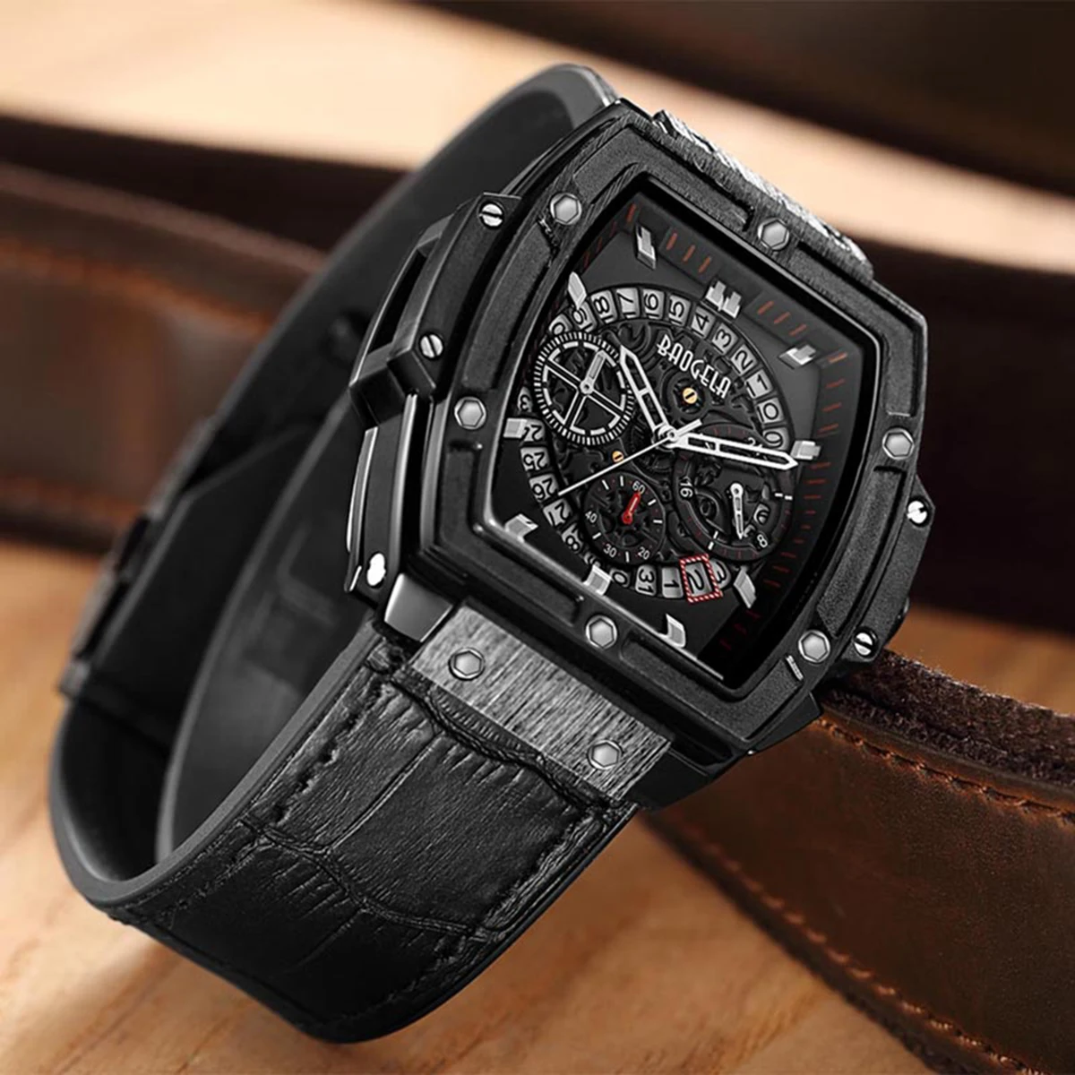 Baogela Chronograph Mens Sport Watch Quartz Wrist Watches Leather Luxury Brand Date Indicator Waterproof Wristwatches 1703 black