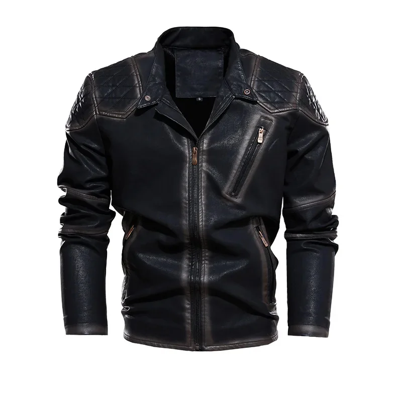 New Causal Vintage Autumn Winter Brand Coat Outfit Design Motor Biker Zip Pocket PU Leather Jacket Men