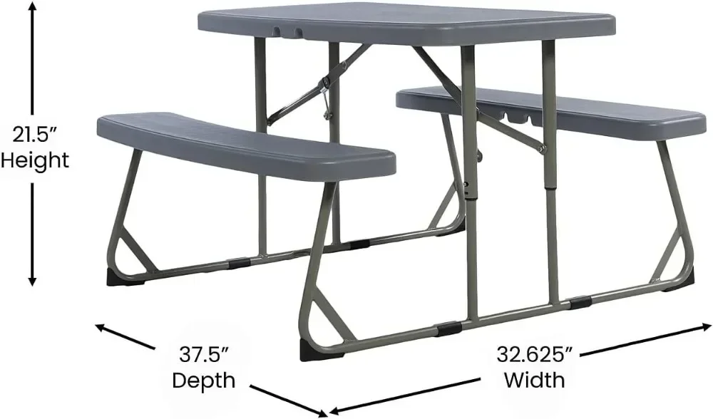 Easy Folding Plastic Kids Outdoor Picnic Table and Benches-Commercial Grade-Recommended for up to Age 5, Set of 1, Grey