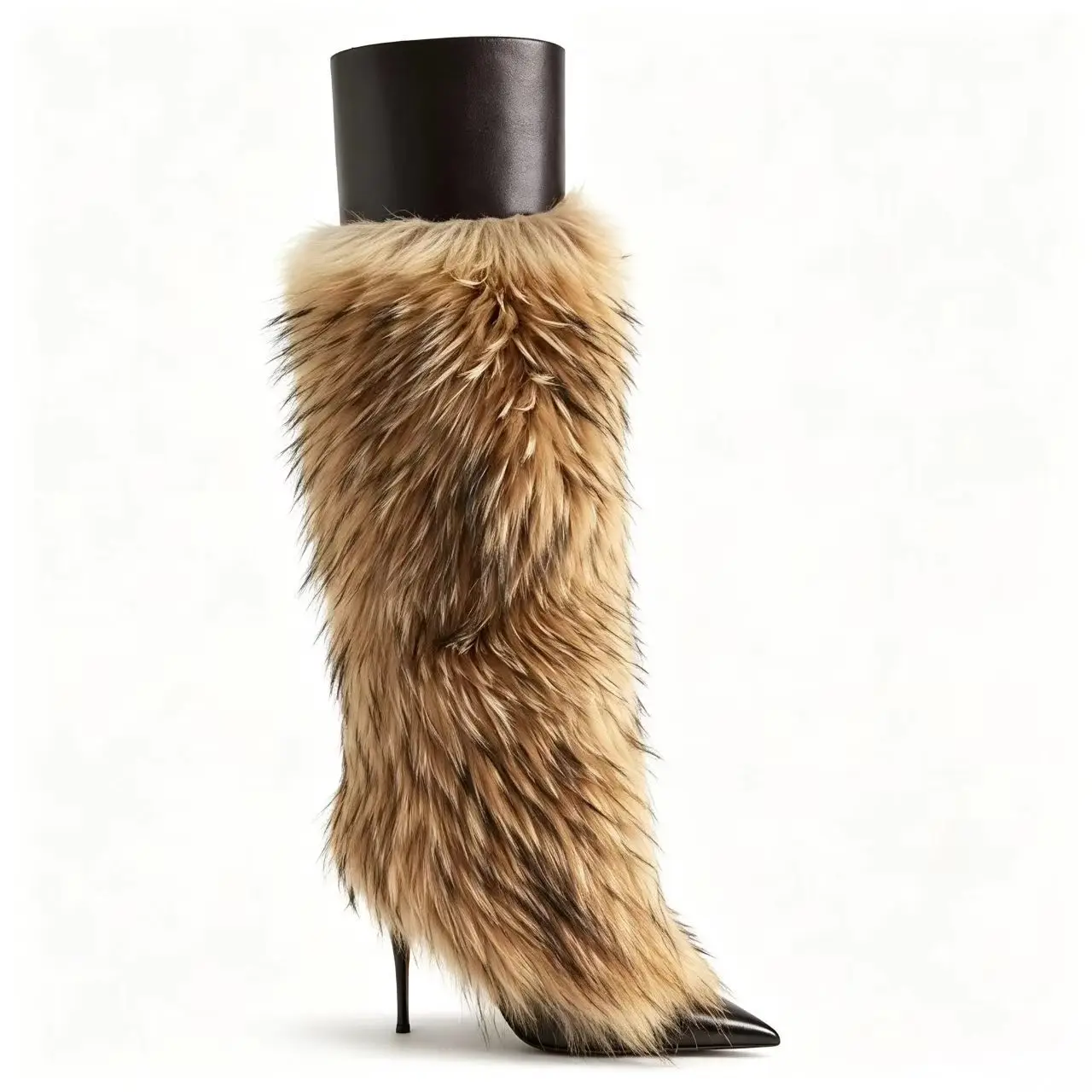 New Autumn/Winter Women's Patchwork Faux Fox Fur High Boots Stiletto Heel Pointed Toe Fashion Sexy Street Style Knee High Boots
