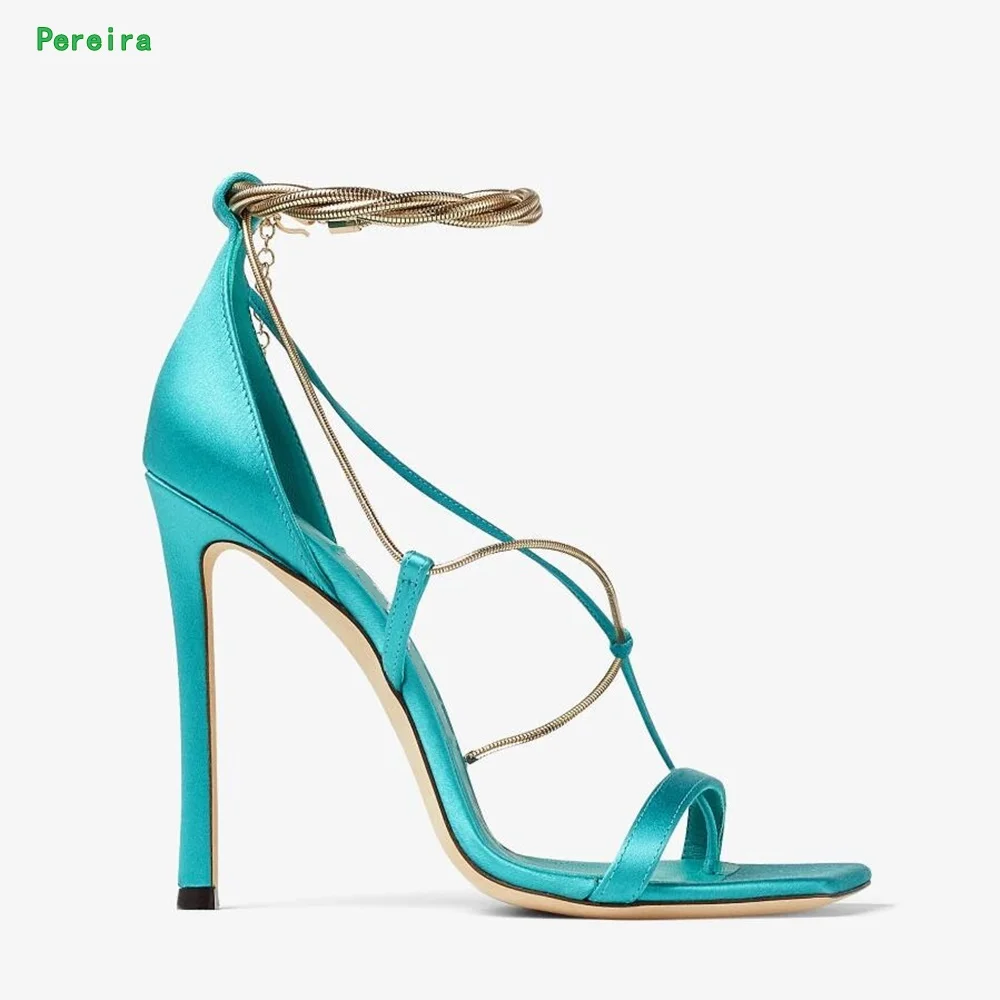 Green Chain Satin Sandals 2022 Women's Summer New Arrival Solid Thin High Heel Square Toe Ankle Strap Fashion Sexy Party Shoes