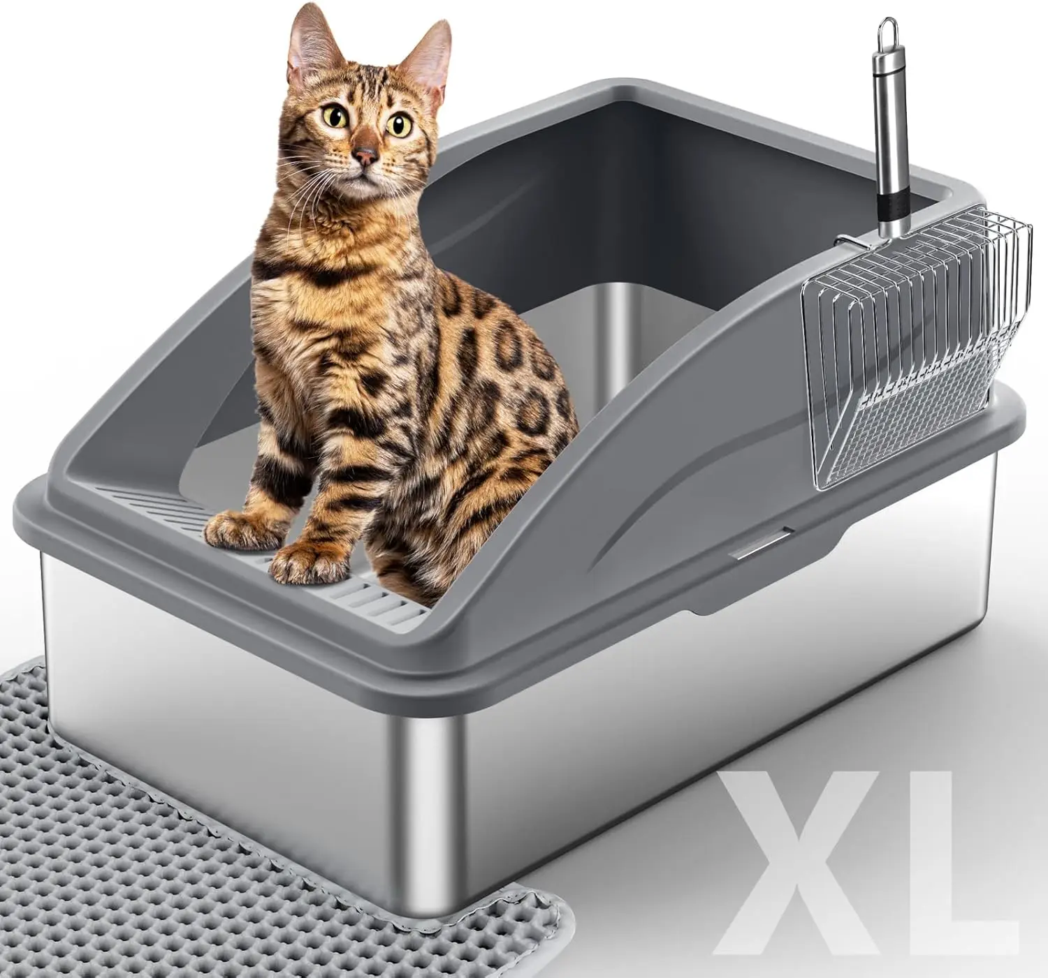 

Extra Large Stainless Steel Cat Litter Box with Lid, Anti-Leak Design, Includes Mat and Scoop for Big Cats