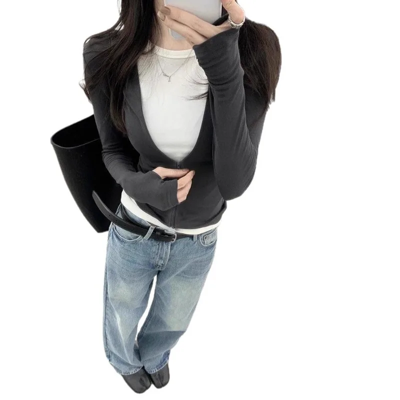 Fake Two Piece Zipper Long Sleeve T Shirt Women Contrast Color Slim Fit Shoulder Casual Autumn Layering Tops