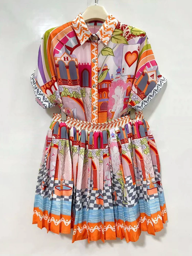 

Retro geometric positioning printed lapel straight-leg shirt two-piece set 2025 Summer Women's Wear + Loose pleated skirt set