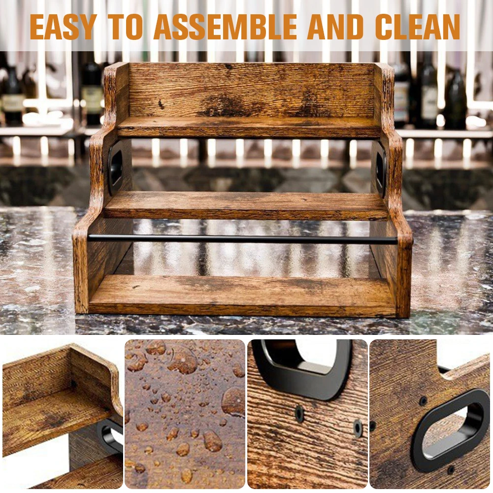 

Wooden Liquor Bottle Display Shelf 3 Step Countertop Wine Rack Coffee Station Organizer for Liquor