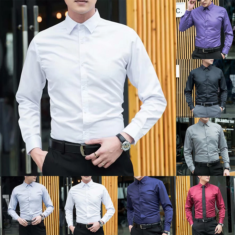 

Men Button Down Business Shirts Long Sleeve Slim Dress Shirt Casual Blouse Top Collared Workwear Solid Regular Four Seasons