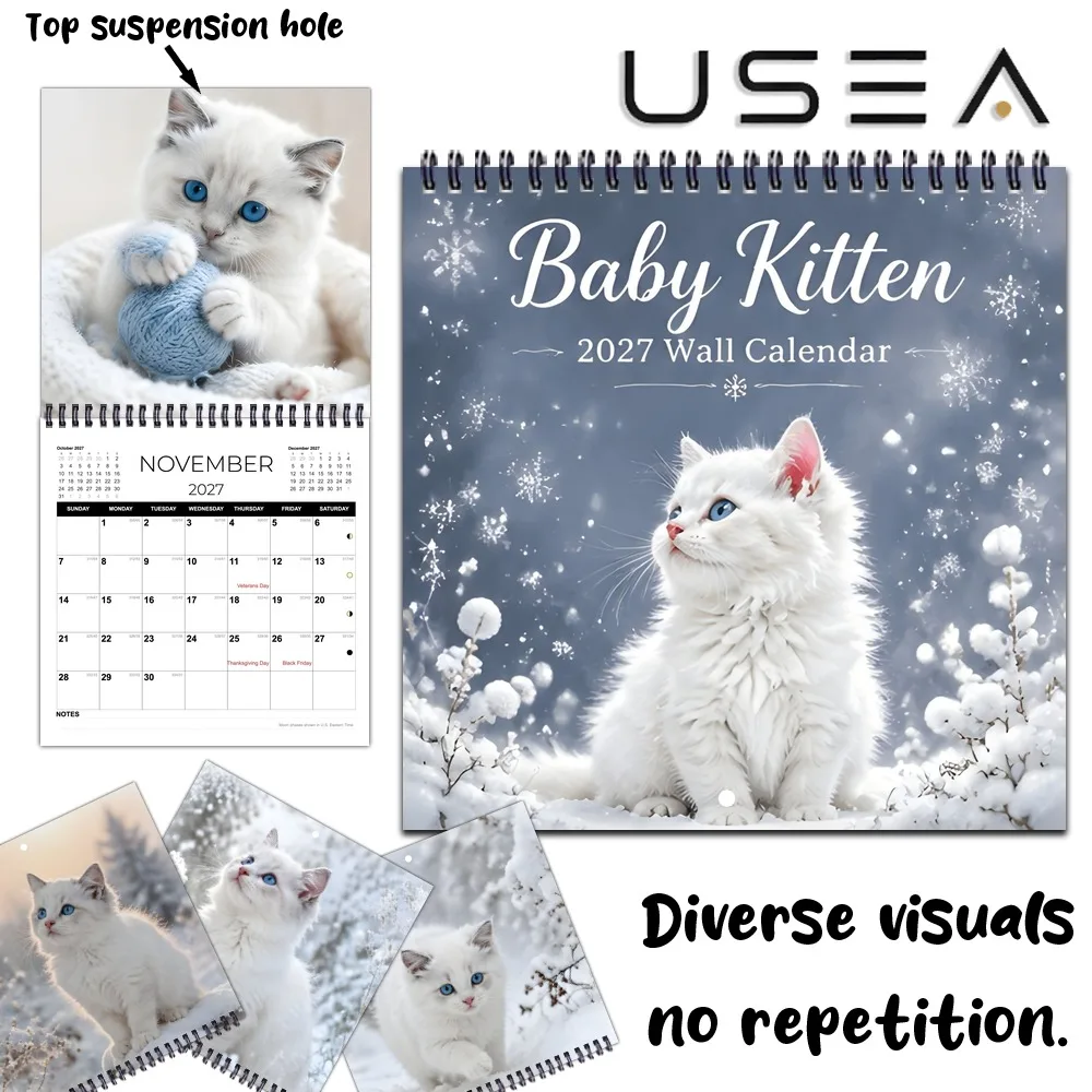 Baby Kitten 2027 Wall Calendar,12-Month Planner ,US Holidays & Lunar Phases,Ideal Gift for Moms, Coworkers,Teachers,Secret Santa
