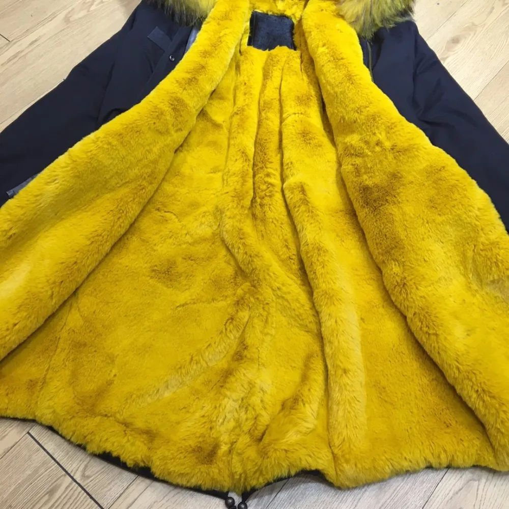 Bright Yellow Faux Fur Lined Parka Navy Cotton Long Overcoat For Women Winter Raccoon Fur Collar Coat