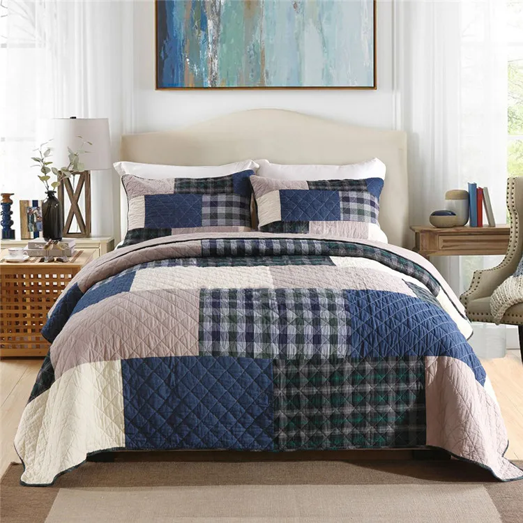 Patchwork-Baumwoll-Steppdecken-Set, 3-teilig, gesteppte Tagesdecke, Queen-Size-Bett, karierte Bettdecke, Decke im Schlafzimmer, Bettbezüge, Matratzenauflage – Detail 1
