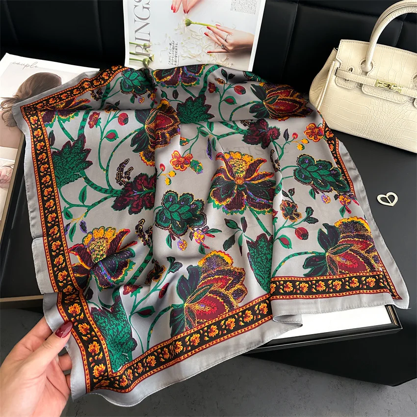 Women Silk Scarf Feeling Hair Neck Square Brand bandanna Muffler Waiter Flight Attendants Handkerchief Ring Sunscreen Print Wrap