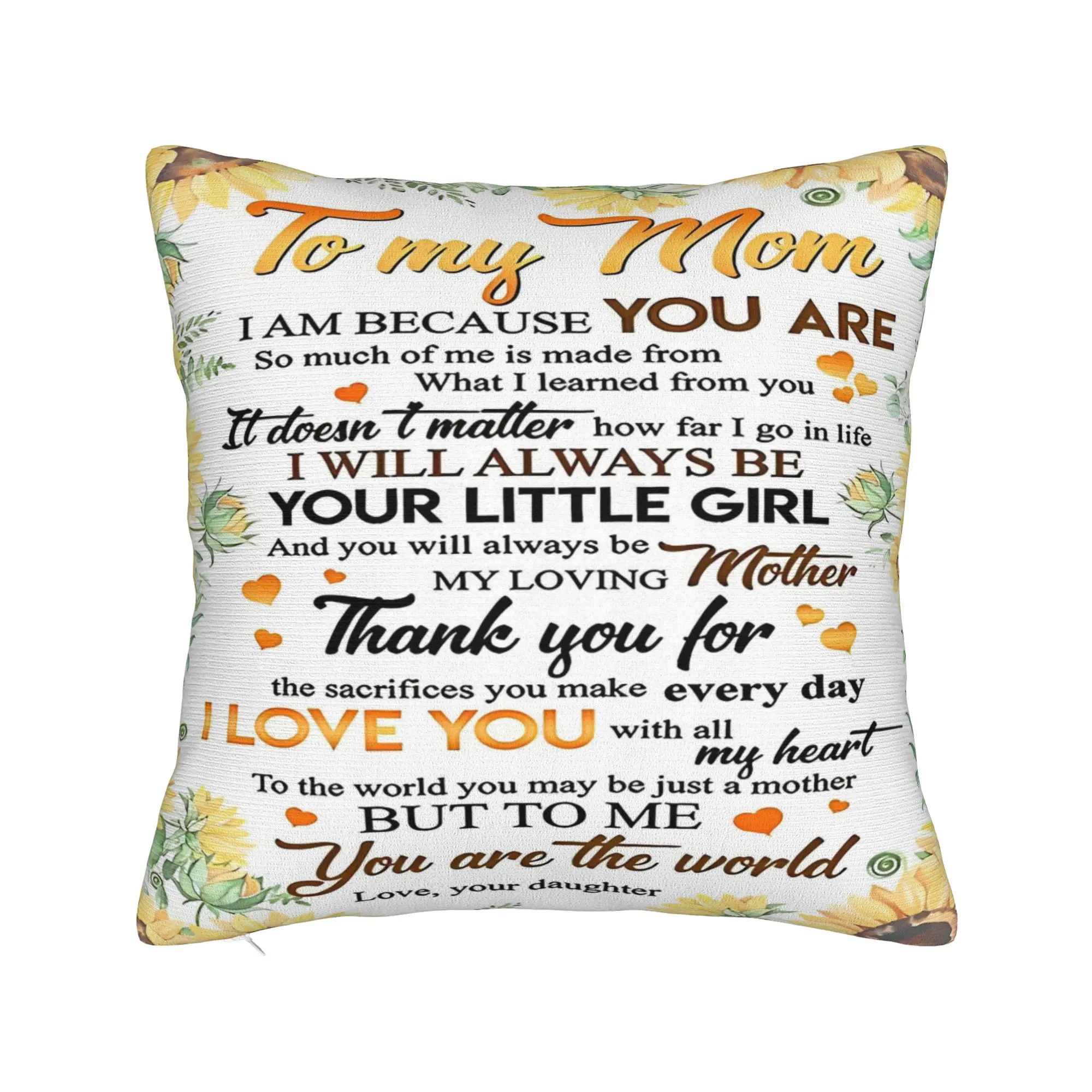 Mother's Day  Square Pillow Covers Polyester Room Letter From Daughter Sunflower Cushion Cover Cool Decor Pillowcase 40*40