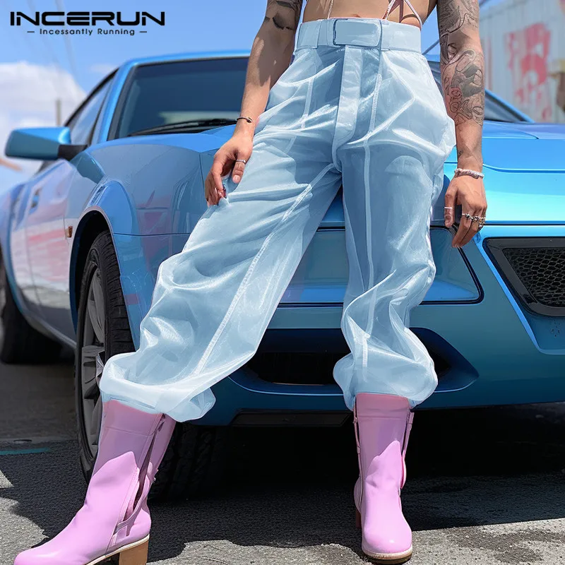 INCERUN Hommes Pantalon 2024 Style Américain fjSolid Mesh Long Pantalon wlwear Hommes Vêtements Transparent viser S-5XL Streetwear