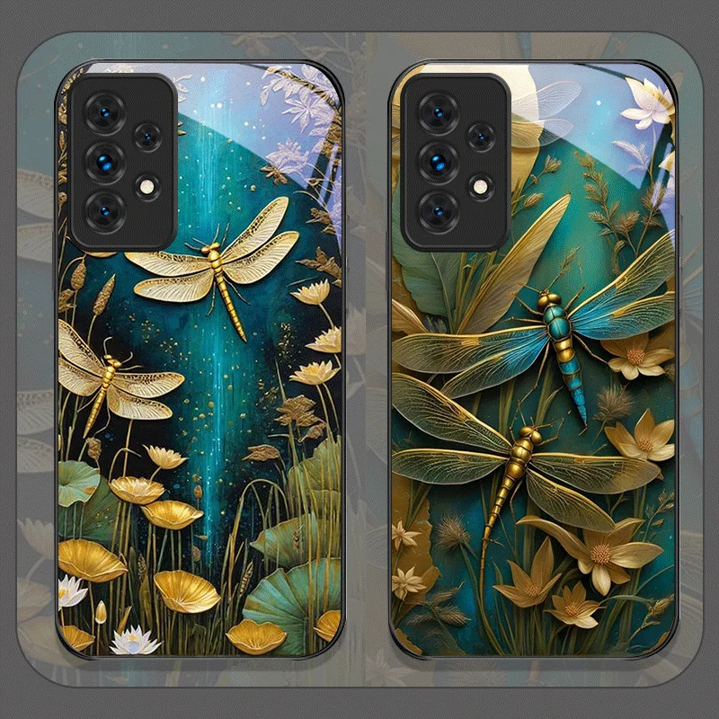 Funda de teléfono de cristal templado con libélula dorada y flor para Samsung Galaxy A06 A17 A55 A54 A53 A52 A36 A14 A31 5G, funda con patrón Floral