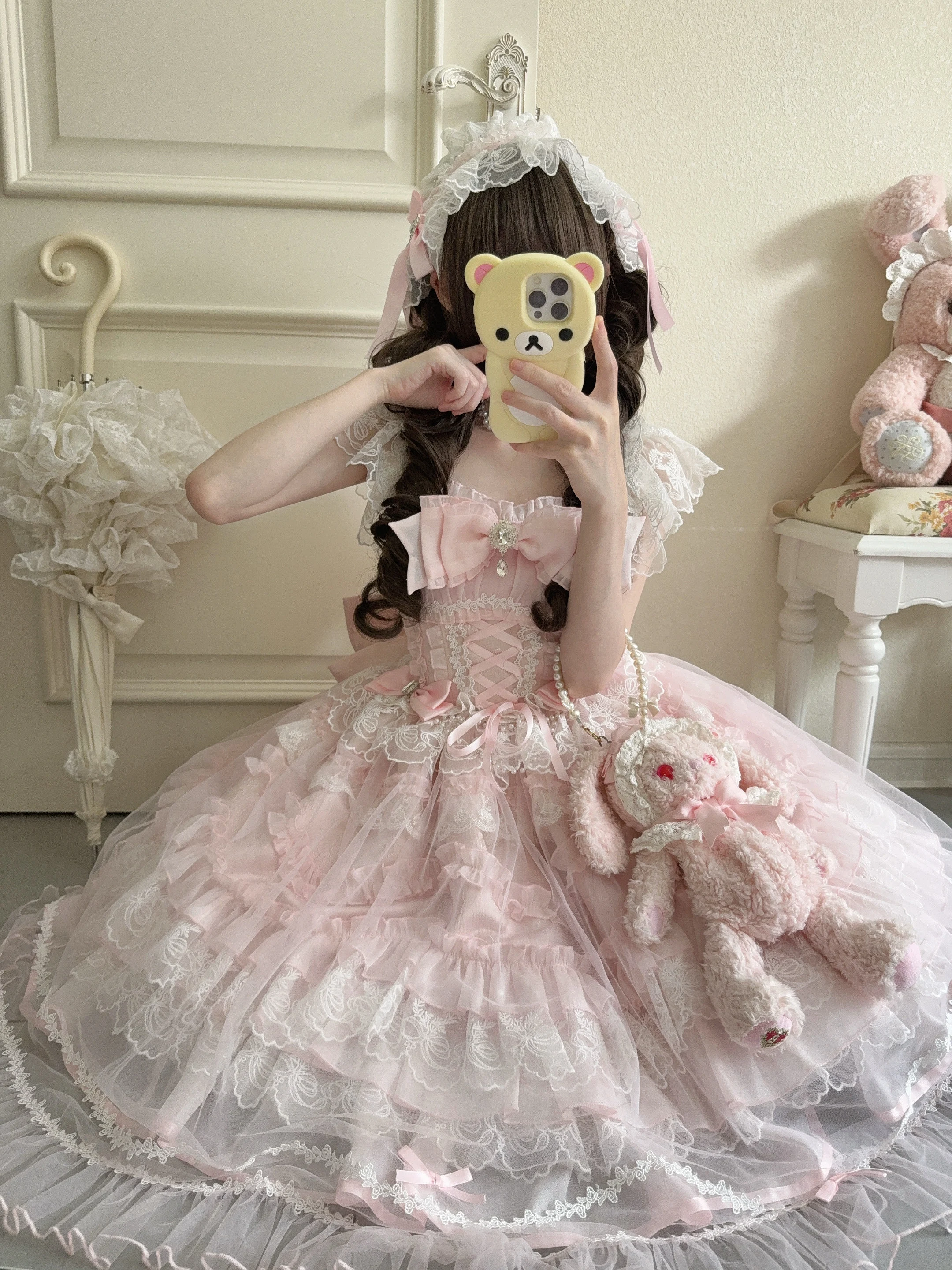 2025 الأميرة نمط لوليتا فستان بكتافة الفتيات المرأة الوردي فستان الزفاف مجموعة Jsk السيدات الحلو القوس الدانتيل فستان حفلة عيد ميلاد الشاي